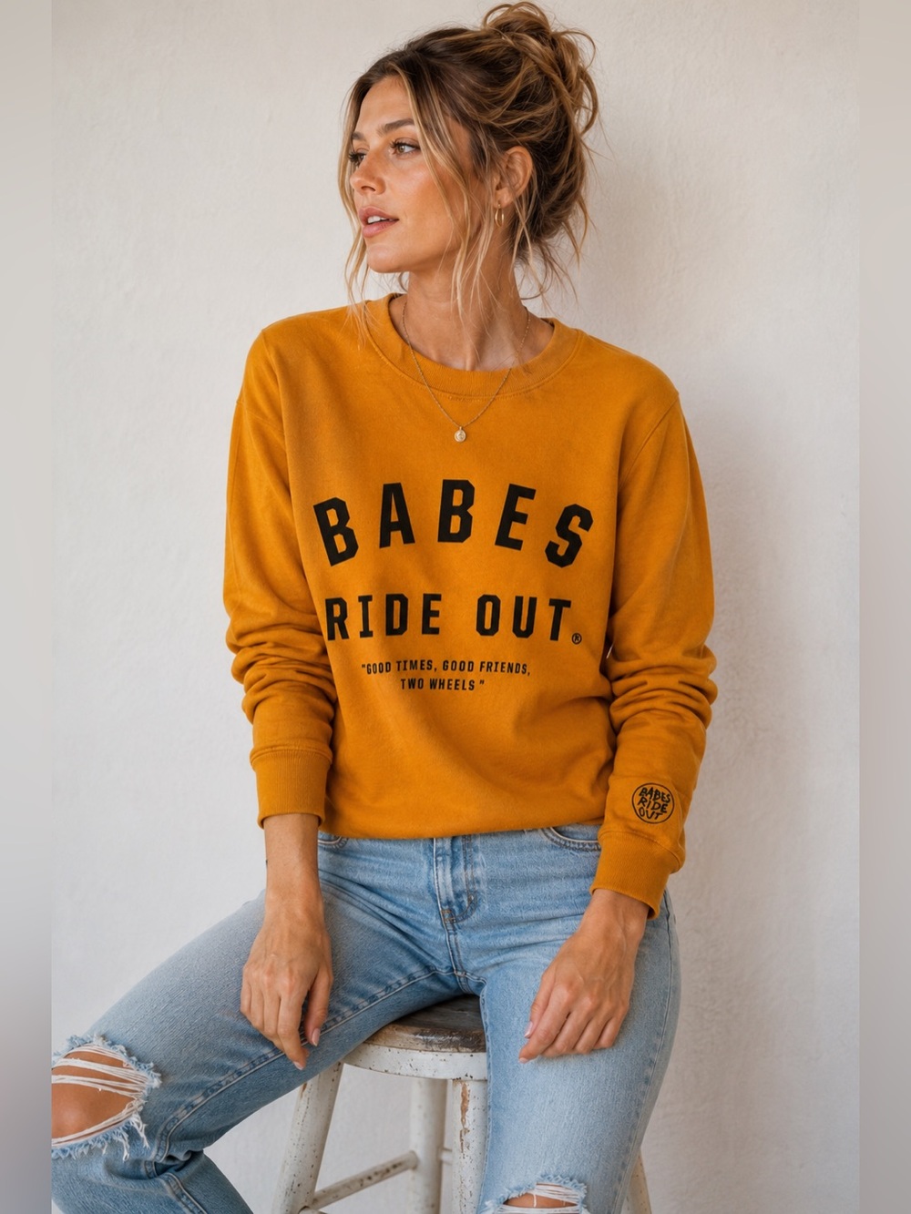 Alternative Apparel Babes Ride Out Graphic Sweatshirt XS Mustard Cotton Crewneck
